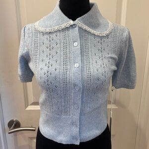 NWT Song of Style Light Blue Short Sleeve Knit Cardigan with lace collar - XS